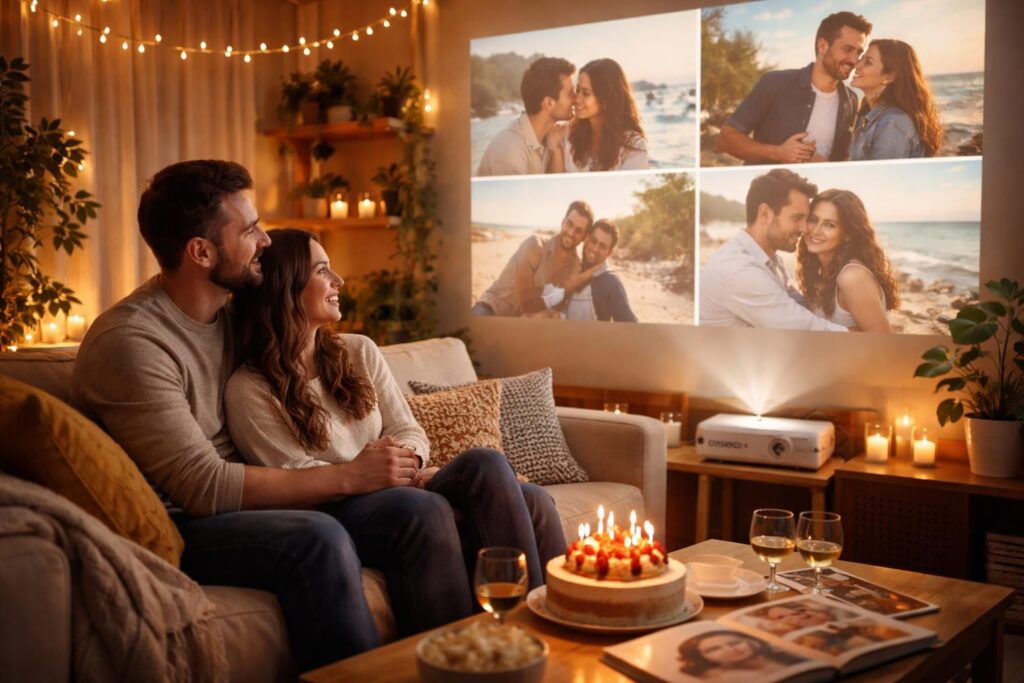 célébrez l'anniversaire de votre couple avec un diaporama de souvenirs projeté grâce au vidéoprojecteur epson, pour un moment romantique inoubliable.